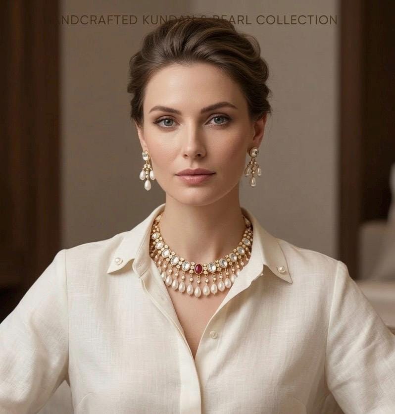 Handmade Kundan Choker Necklace, Pearl Earrings, Gold Plated Indian Bridal Jewelry Set