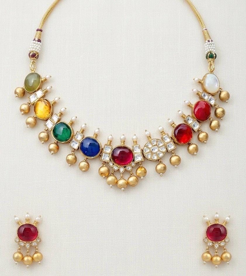 Kundan Jewellery, Navratna Choker Necklace with Earrings , Indian Traditional Wedding Set