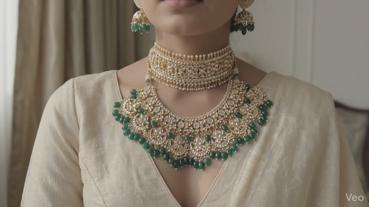Gold Plated Luxury Bridal Necklace Set with Matching Choker & Earrings, Indian Wedding Jewellery, Statement Bridal Set